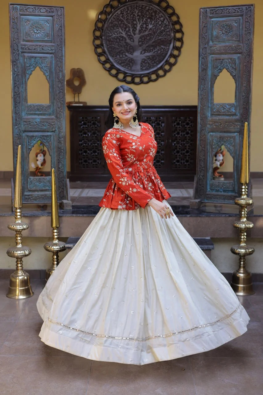 Red Chinon Silk Peplum Kurti with Heavy Embroidery and Flared Lehenga Set for Women