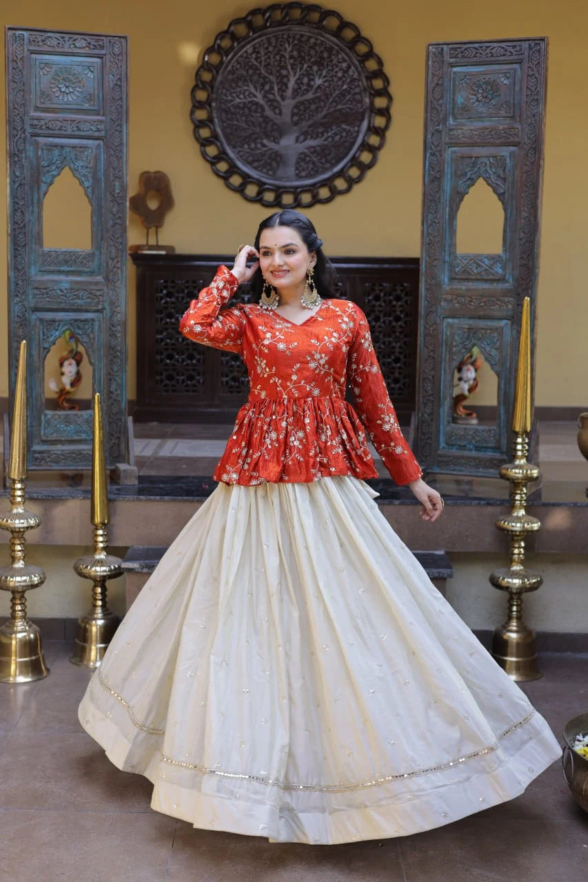 Red Chinon Silk Peplum Kurti with Heavy Embroidery and Flared Lehenga Set for Women