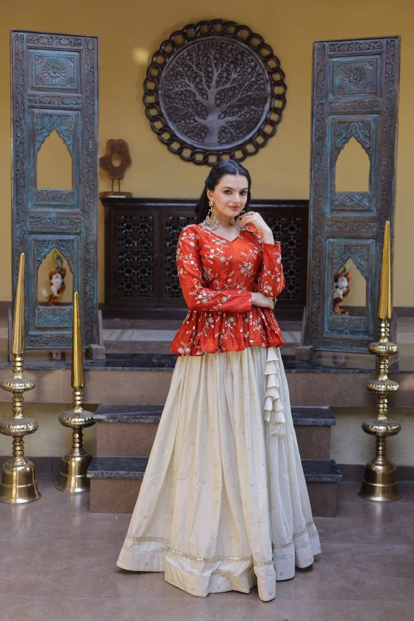 Red Chinon Silk Peplum Kurti with Heavy Embroidery and Flared Lehenga Set for Women