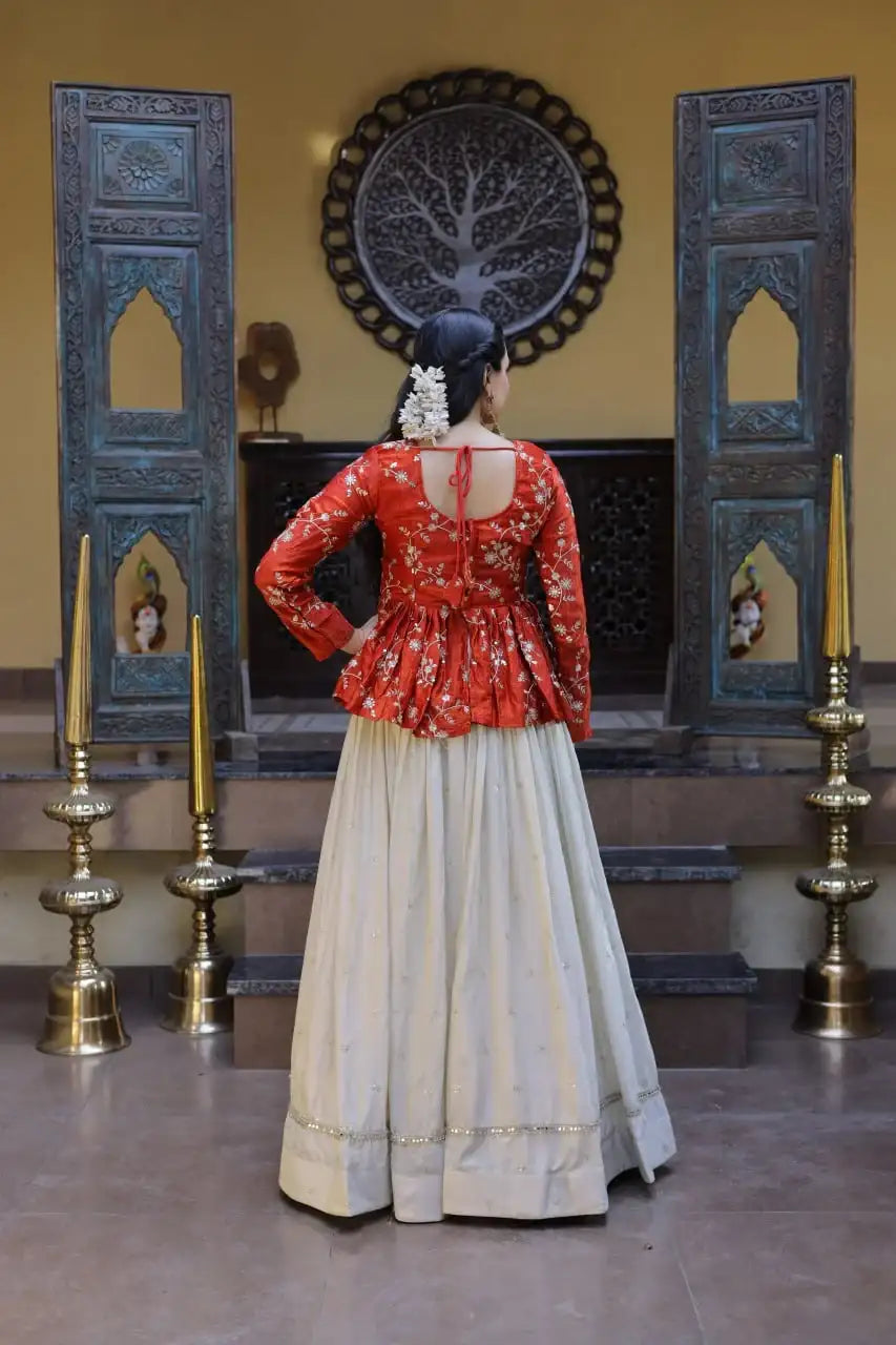 Red Chinon Silk Peplum Kurti with Heavy Embroidery and Flared Lehenga Set for Women
