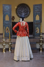 Red Chinon Silk Peplum Kurti with Heavy Embroidery and Flared Lehenga Set for Women