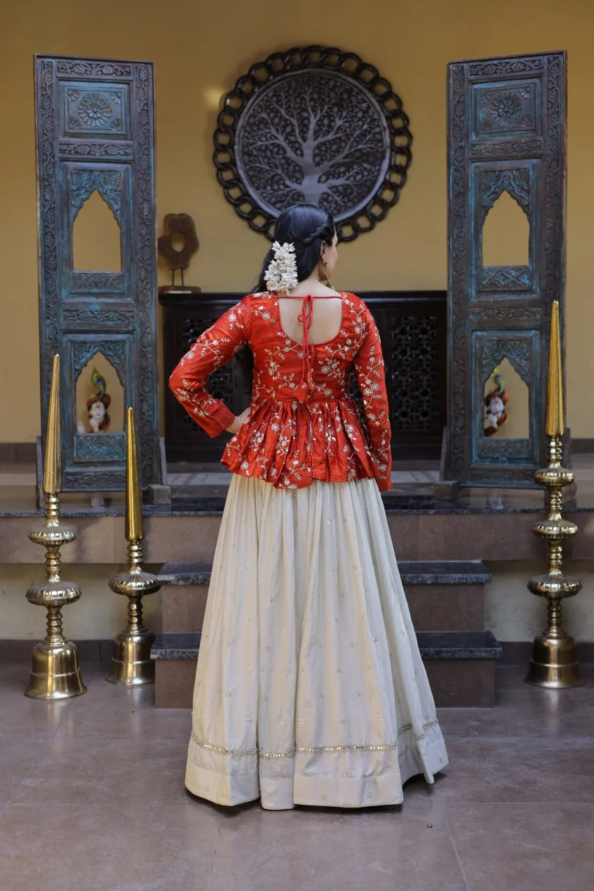 Red Chinon Silk Peplum Kurti with Heavy Embroidery and Flared Lehenga Set for Women