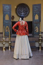 Red Chinon Silk Peplum Kurti with Heavy Embroidery and Flared Lehenga Set for Women