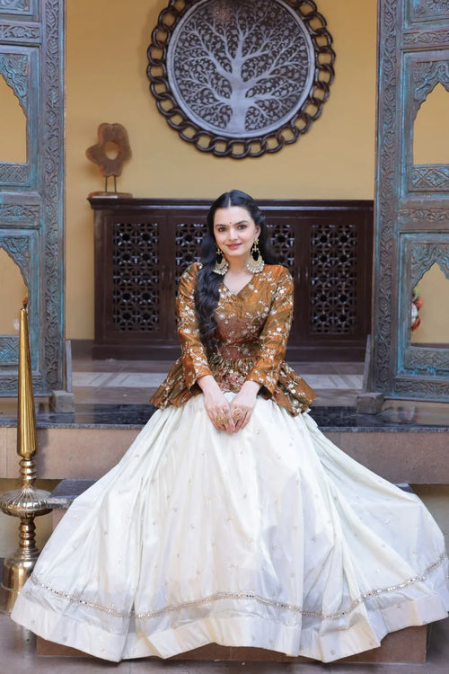 Beautiful Brown Floral Work Peplum Kurti with Soft Off-White Layered Lehenga
