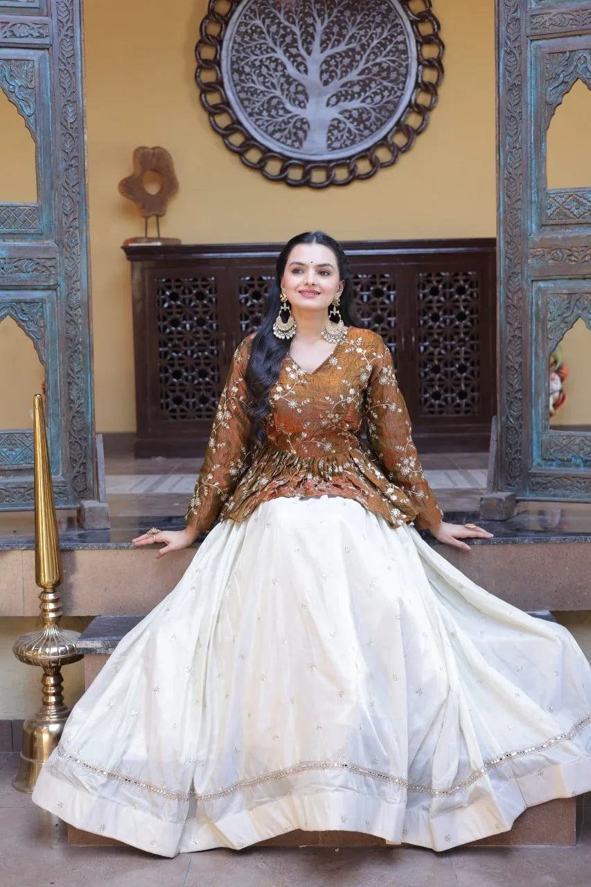 Beautiful Brown Floral Work Peplum Kurti with Soft Off-White Layered Lehenga