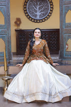 Beautiful Brown Floral Work Peplum Kurti with Soft Off-White Layered Lehenga
