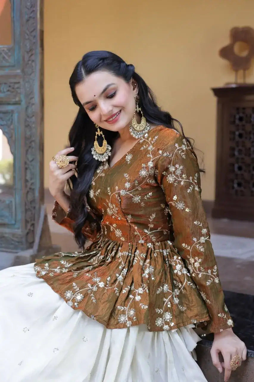 Beautiful Brown Floral Work Peplum Kurti with Soft Off-White Layered Lehenga