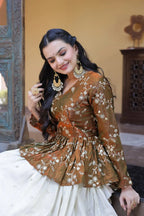 Beautiful Brown Floral Work Peplum Kurti with Soft Off-White Layered Lehenga