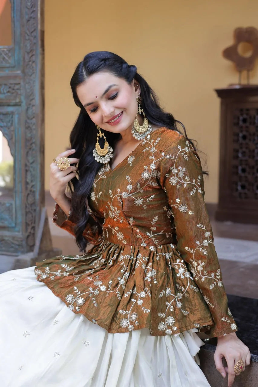 Beautiful Brown Floral Work Peplum Kurti with Soft Off-White Layered Lehenga