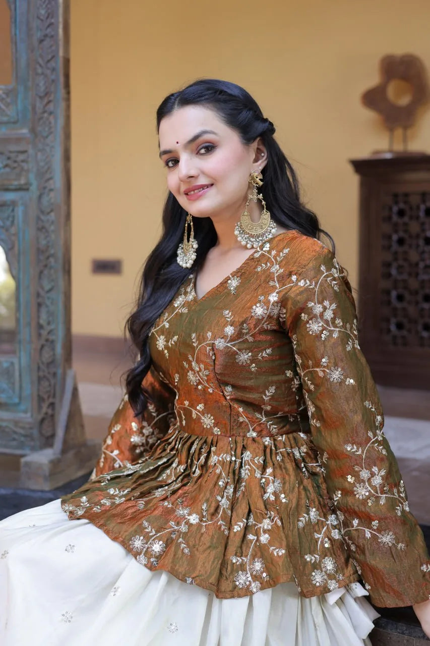 Beautiful Brown Floral Work Peplum Kurti with Soft Off-White Layered Lehenga