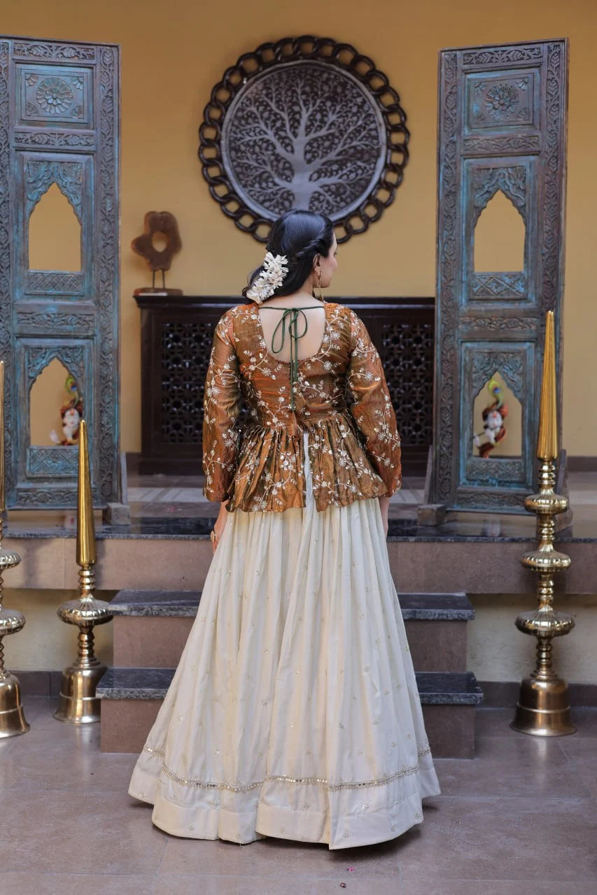 Beautiful Brown Floral Work Peplum Kurti with Soft Off-White Layered Lehenga