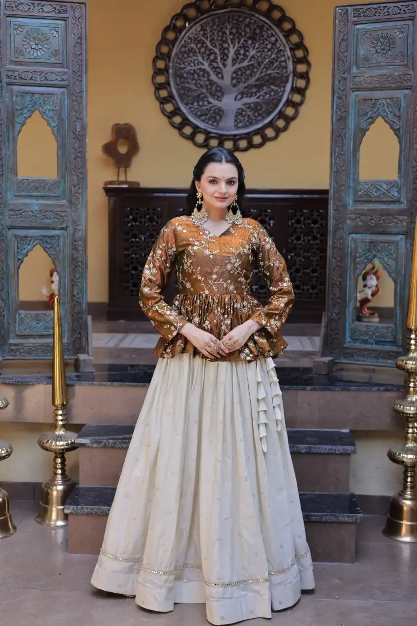 Beautiful Brown Floral Work Peplum Kurti with Soft Off-White Layered Lehenga