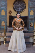 Beautiful Brown Floral Work Peplum Kurti with Soft Off-White Layered Lehenga