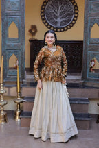Beautiful Brown Floral Work Peplum Kurti with Soft Off-White Layered Lehenga