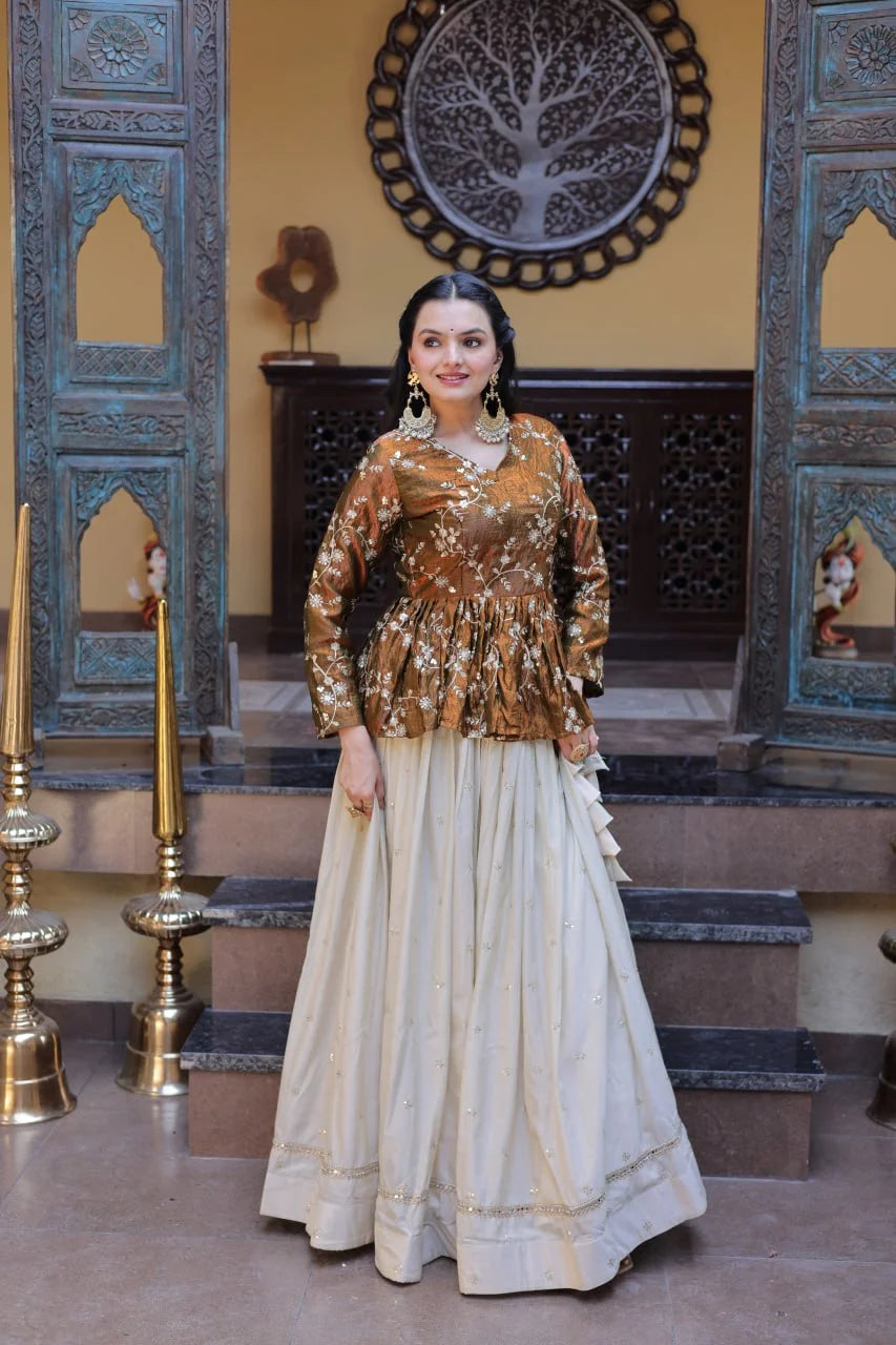 Beautiful Brown Floral Work Peplum Kurti with Soft Off-White Layered Lehenga