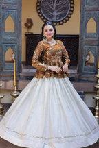 Beautiful Brown Floral Work Peplum Kurti with Soft Off-White Layered Lehenga