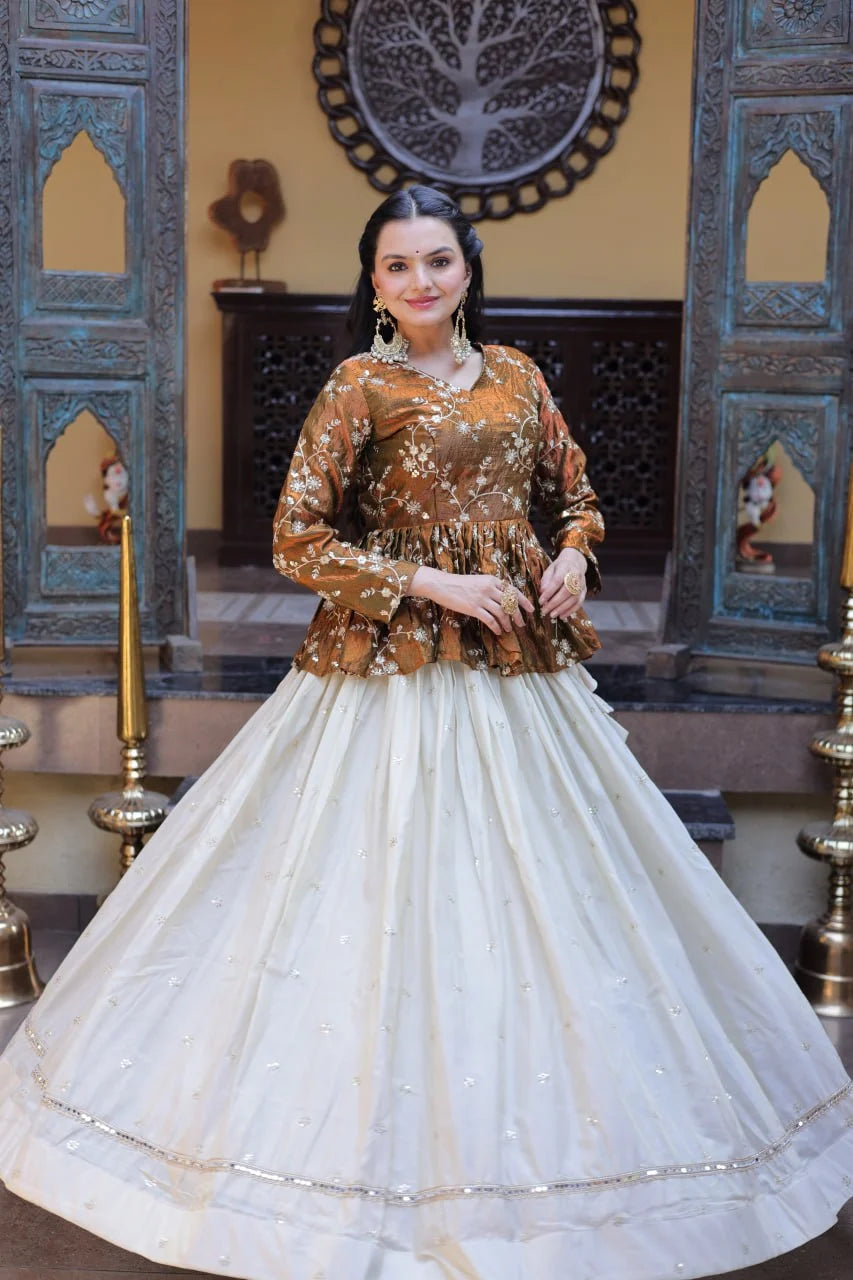 Beautiful Brown Floral Work Peplum Kurti with Soft Off-White Layered Lehenga