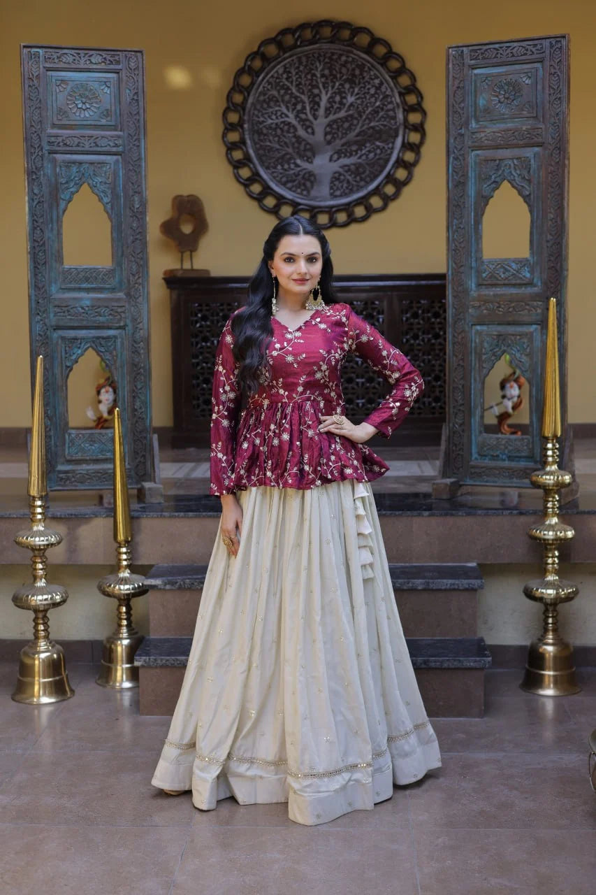 Stylish Magenta Pink Floral Peplum Kurti with Flowy Cream Lehenga - Traditional Outfit