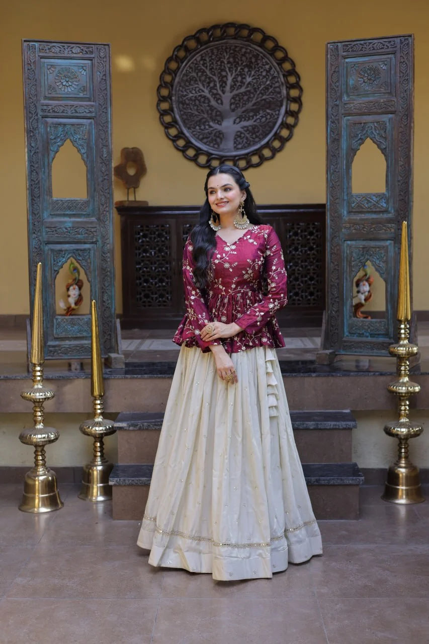 Stylish Magenta Pink Floral Peplum Kurti with Flowy Cream Lehenga - Traditional Outfit