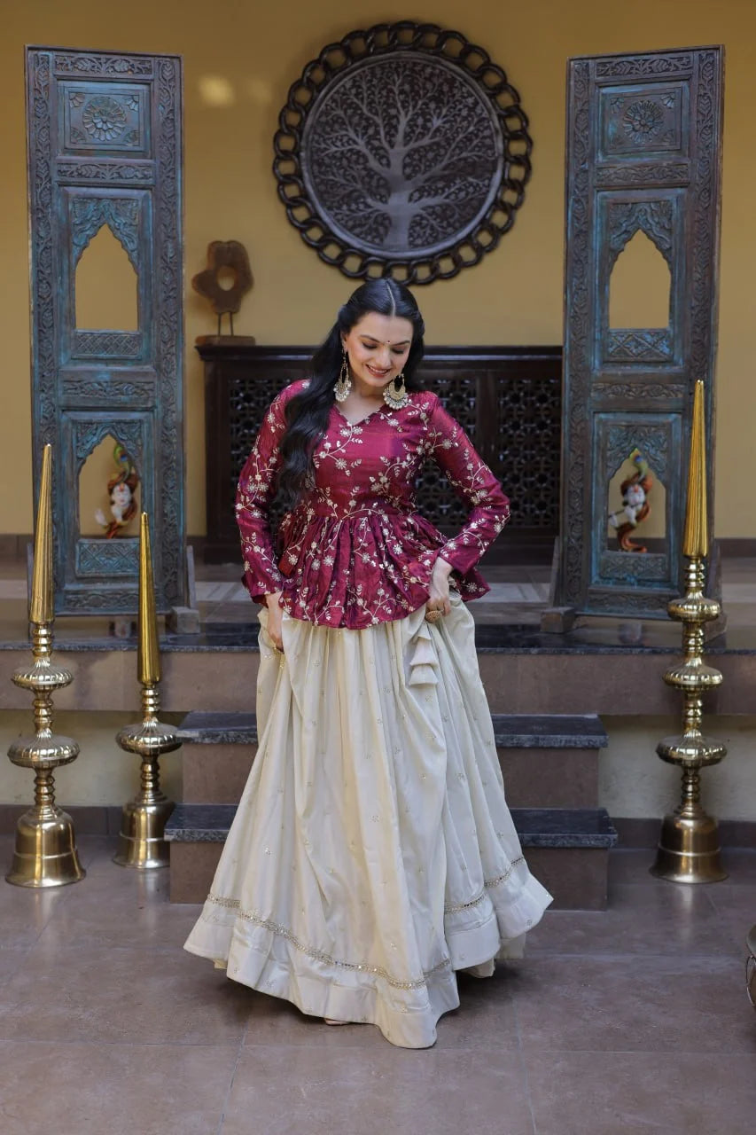 Stylish Magenta Pink Floral Peplum Kurti with Flowy Cream Lehenga - Traditional Outfit