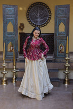 Stylish Magenta Pink Floral Peplum Kurti with Flowy Cream Lehenga - Traditional Outfit