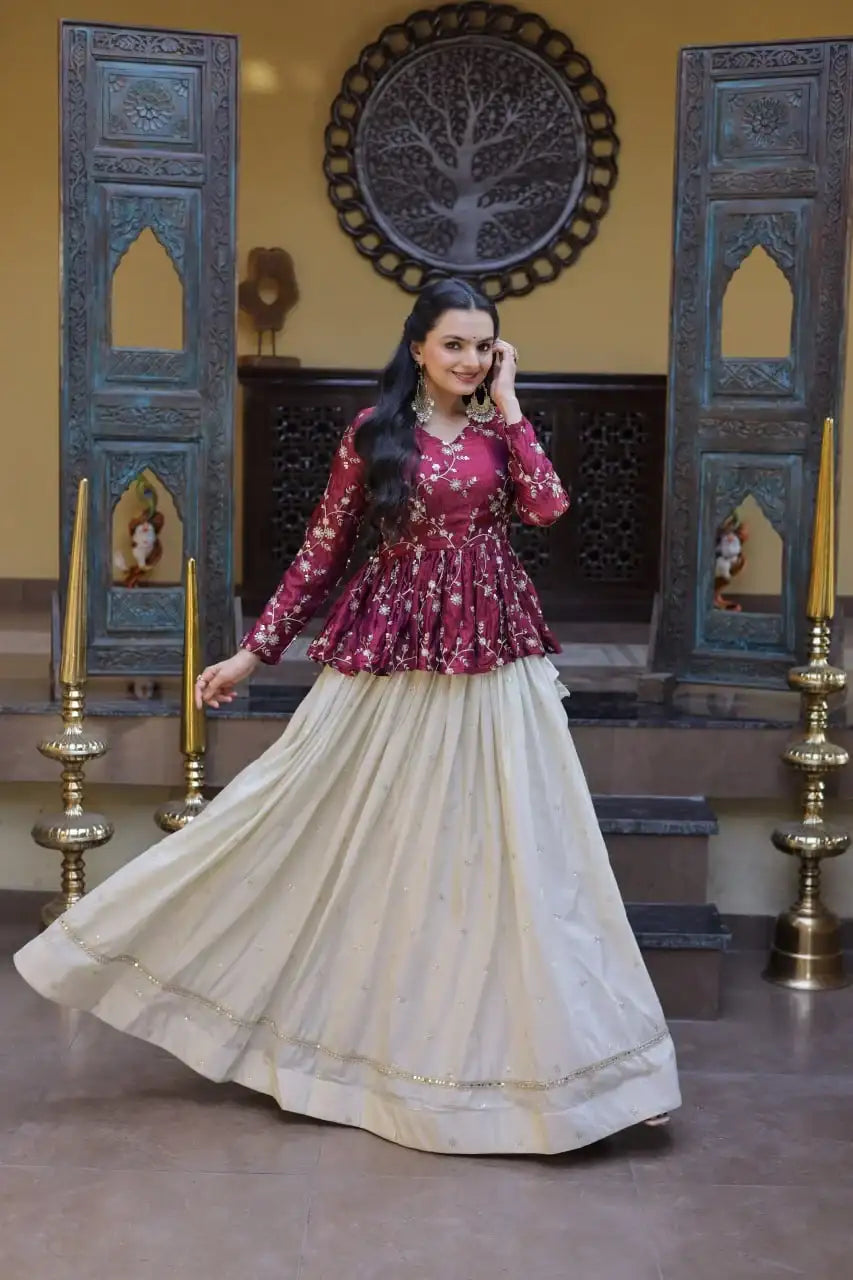Stylish Magenta Pink Floral Peplum Kurti with Flowy Cream Lehenga - Traditional Outfit