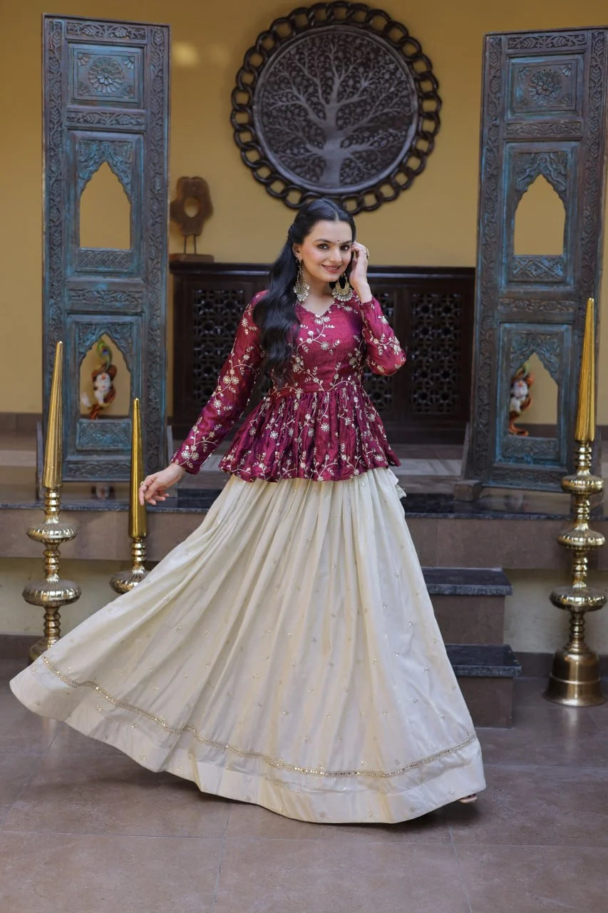 Stylish Magenta Pink Floral Peplum Kurti with Flowy Cream Lehenga - Traditional Outfit