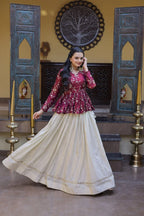 Stylish Magenta Pink Floral Peplum Kurti with Flowy Cream Lehenga - Traditional Outfit