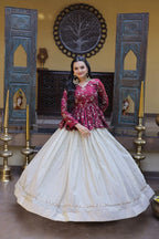 Stylish Magenta Pink Floral Peplum Kurti with Flowy Cream Lehenga - Traditional Outfit