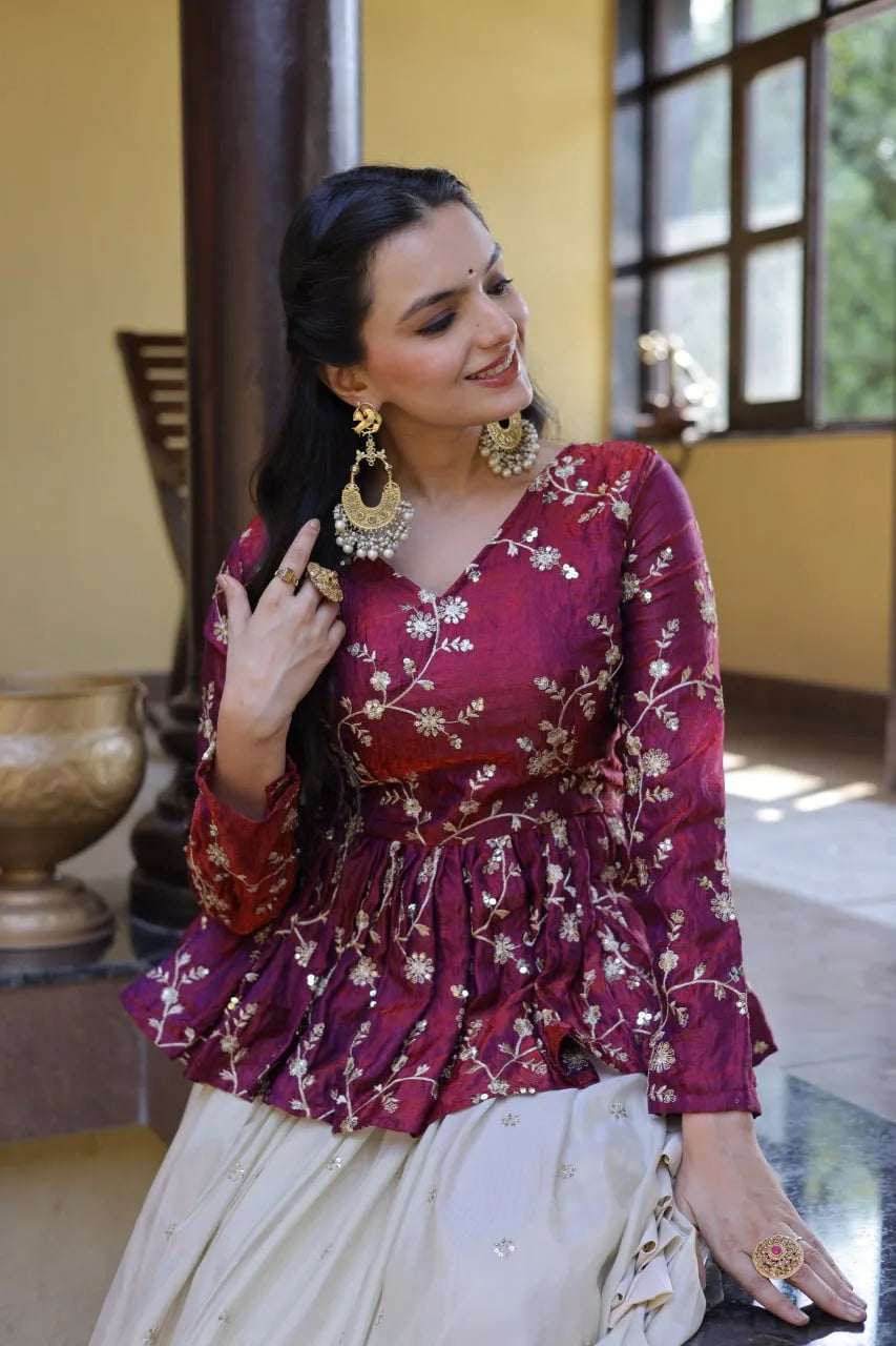 Stylish Magenta Pink Floral Peplum Kurti with Flowy Cream Lehenga - Traditional Outfit