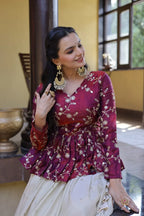 Stylish Magenta Pink Floral Peplum Kurti with Flowy Cream Lehenga - Traditional Outfit