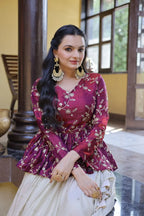 Stylish Magenta Pink Floral Peplum Kurti with Flowy Cream Lehenga - Traditional Outfit
