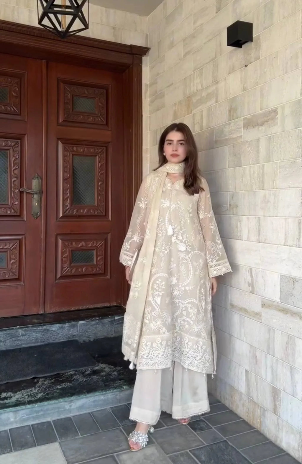 Festive Wear White Faux Georgette Top Plazzo Dupatta Set for Women
