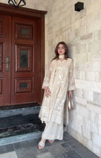 Festive Wear White Faux Georgette Top Plazzo Dupatta Set for Women