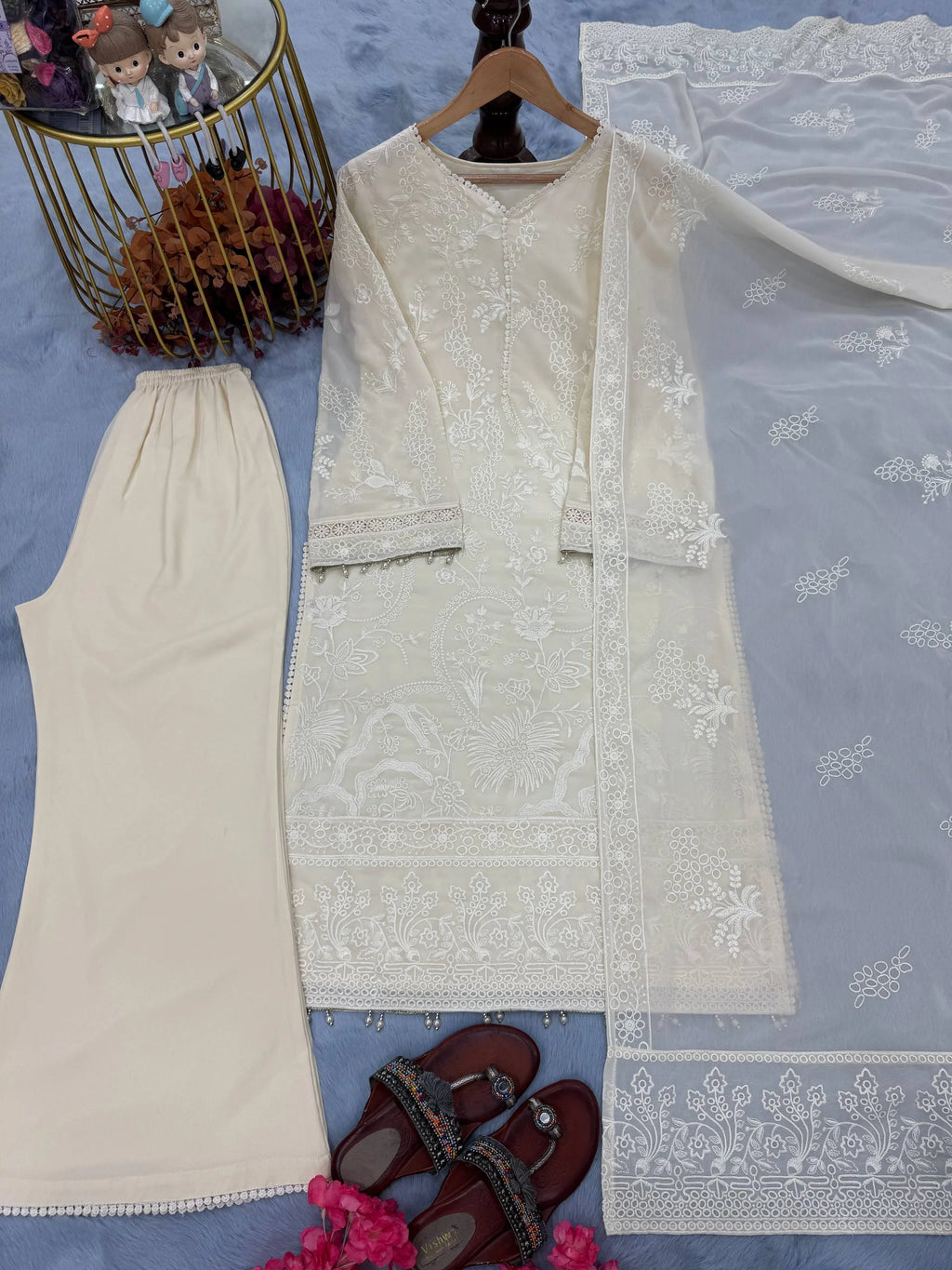 Festive Wear White Faux Georgette Top Plazzo Dupatta Set for Women