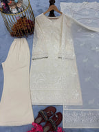 Festive Wear White Faux Georgette Top Plazzo Dupatta Set for Women