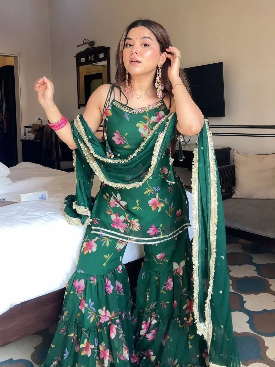 Designer Faux Georgette Digital Printed Top with Ruffle Sharara Set