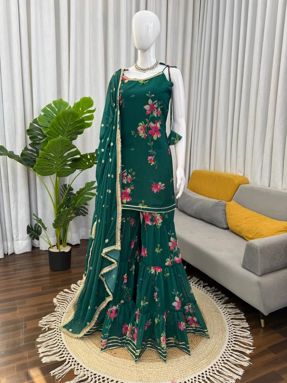 Designer Faux Georgette Digital Printed Top with Ruffle Sharara Set