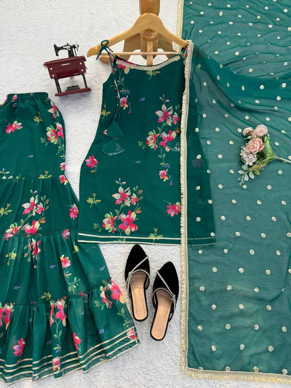 Designer Faux Georgette Digital Printed Top with Ruffle Sharara Set