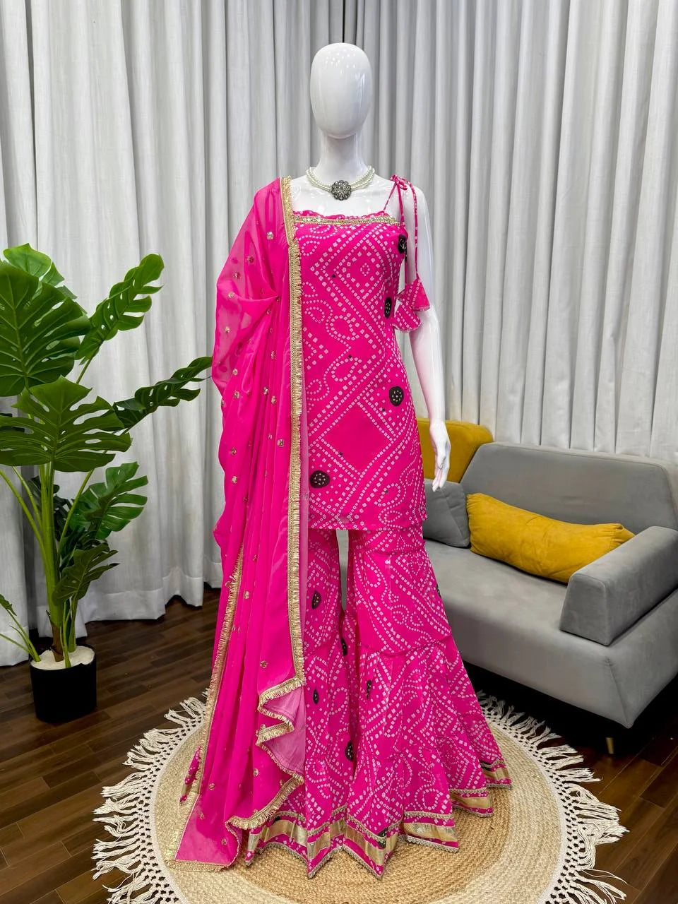 Stylish Faux Georgette Printed Top Sharara Suit with Dupatta