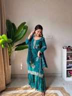Trendy Georgette Sequence Embroidered Kurti Sharara Set For Eid