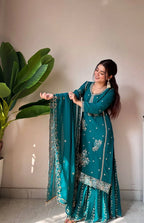 Trendy Georgette Sequence Embroidered Kurti Sharara Set For Eid