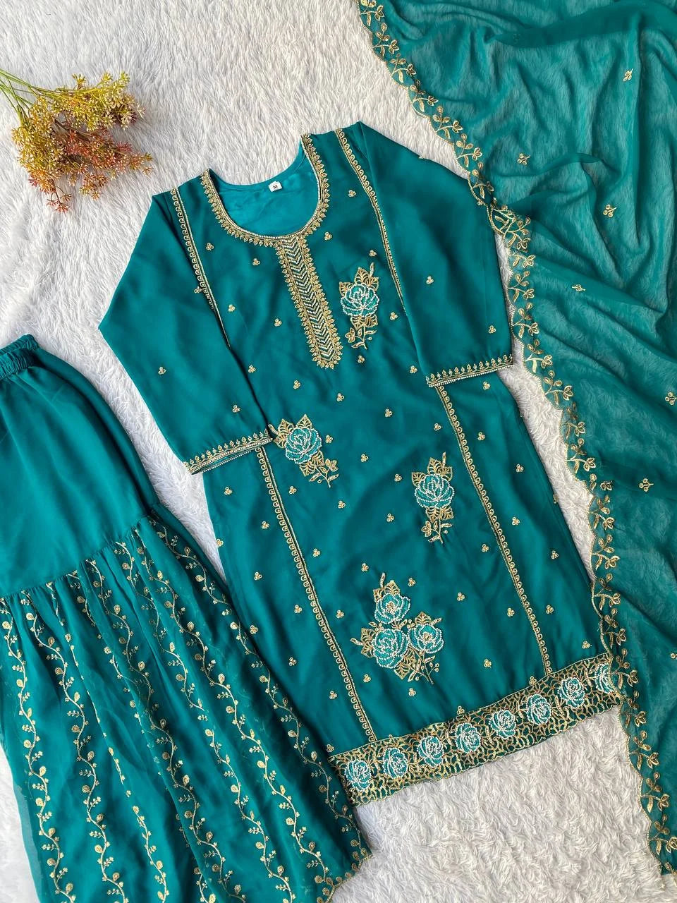 Trendy Georgette Sequence Embroidered Kurti Sharara Set For Eid