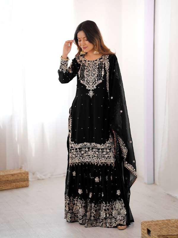 Luxury Black Faux Georgette Sharara Set â€“ Eid Special