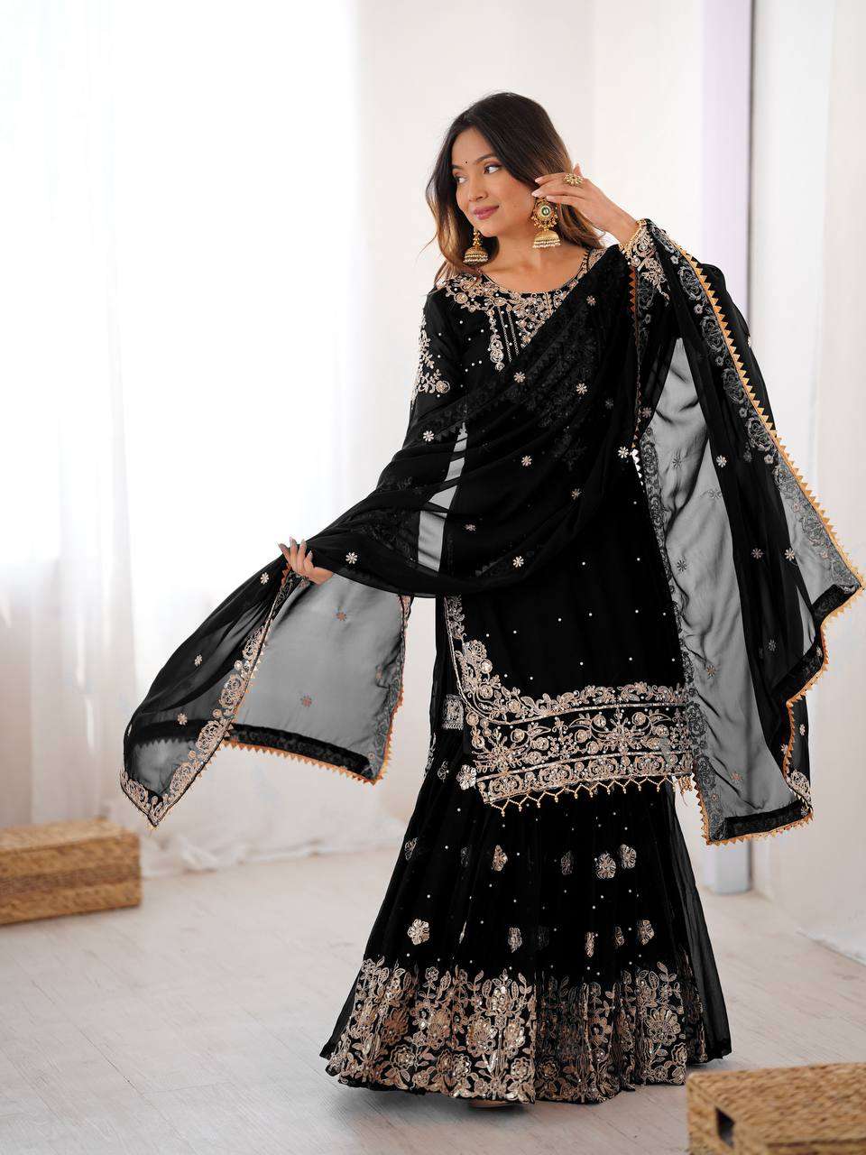 Luxury Black Faux Georgette Sharara Set â€“ Eid Special