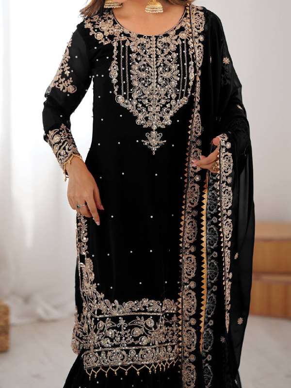 Luxury Black Faux Georgette Sharara Set â€“ Eid Special