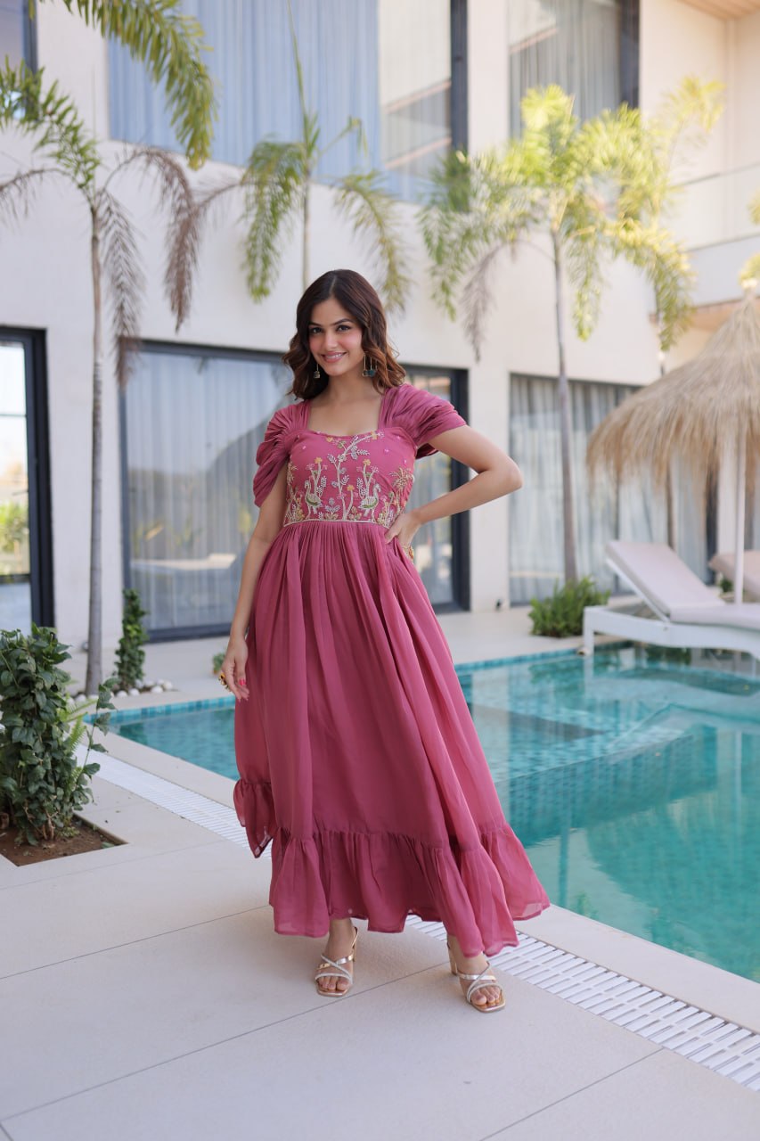 Twirl in Style with This Stunning Pink Embroidered Flowy Maxi Dress
