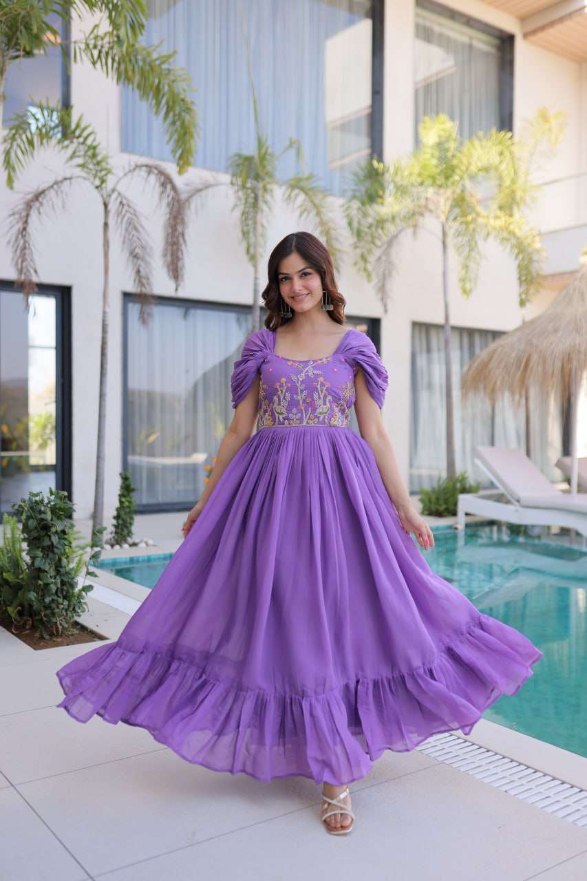 Grace Meets Glamour in This Viral Purple Embroidered Long Dress