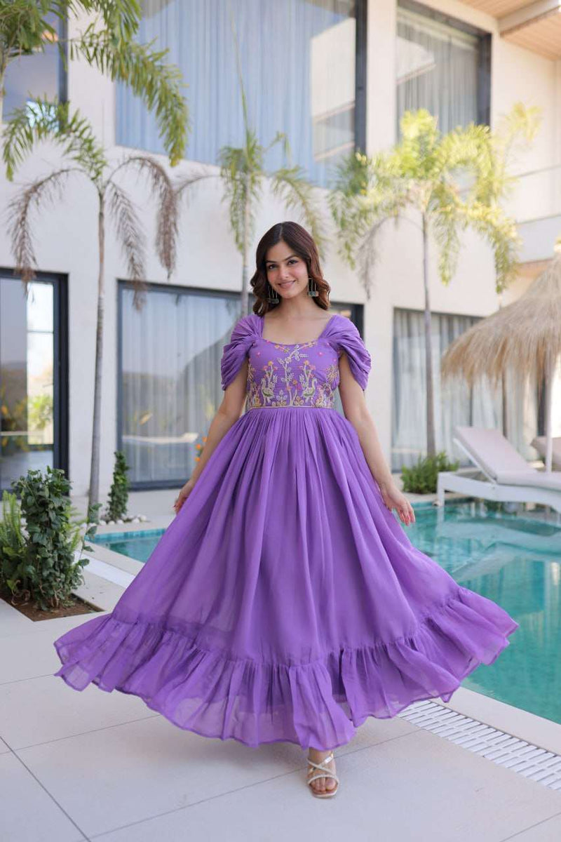 Grace Meets Glamour in This Viral Purple Embroidered Long Dress