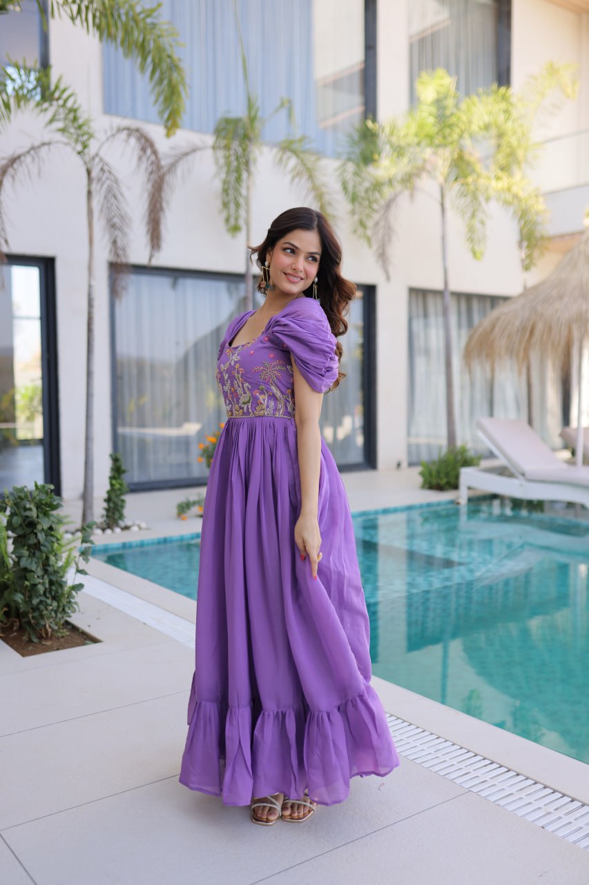Grace Meets Glamour in This Viral Purple Embroidered Long Dress